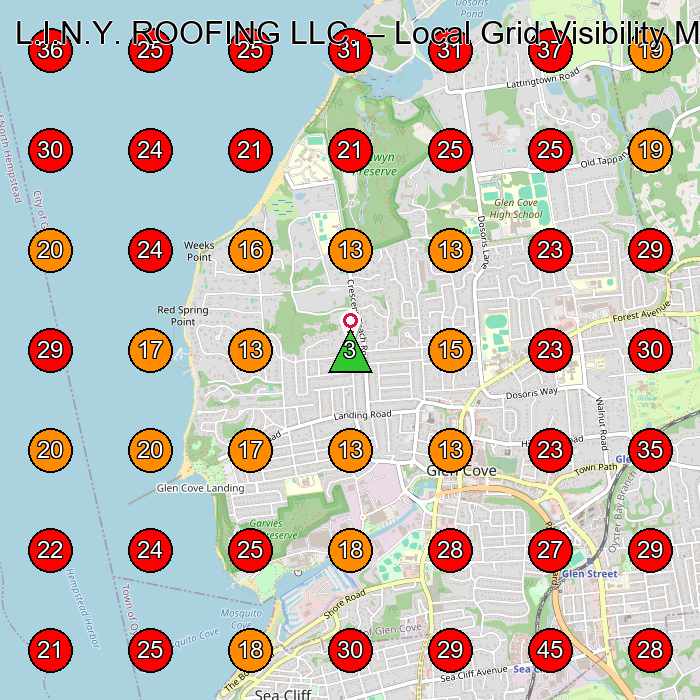 L.I.N.Y. ROOFING LLC. GeoGrid visibility map for Roofing Contractor in Glen Cove